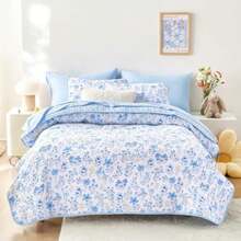 - Floral Quilt Set Coquette Cottagecore Shabby Chic Flower for Women Teen Girls Reversible Lightweight Bedspread Coverlet 3 Pieces Blue White Queen/Full Size - Azul blanco - Ver 9