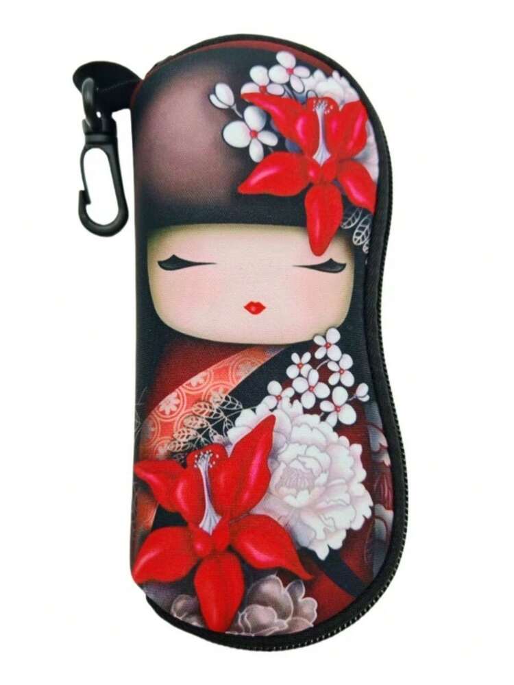 1个娃娃拉链眼镜盒，可爱日本女孩红色和服设计，氯丁橡胶防水眼镜袋，带钥匙扣，轻便便携旅行眼镜包，通用尺寸，适用于所有类型的眼镜 - 彩色 - 查看 12