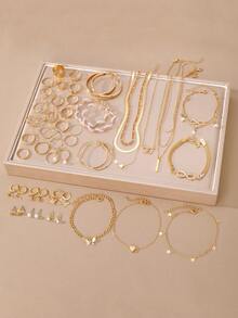 Conjunto de joyería metálica asimétrica para mujer, que incluye collar, aretes, anillo, pulsera y tobillera - Amarillo Oro - Ver 7
