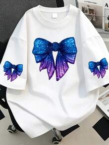 Camiseta de manga corta con cuello redondo y estampado de mariposas, de talla grande y estilo casual de verano, en color blanco - Blanco - Ver 1