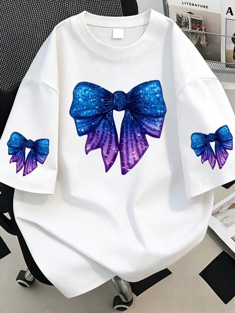 Camiseta de manga corta con cuello redondo y estampado de mariposas, de talla grande y estilo casual de verano, en color blanco - Blanco - Ver 1