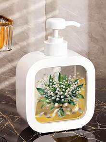 创意花卉设计可重复灌装按压瓶，适用于浴室，保湿洗手液分配器，浪漫花卉主题，浴室和厨房必备，百合花谷花束，优雅丝带，黑色背景 - 清新美丽的设计，适合水槽装饰，塑料材质，适用于洗手液、沐浴露、乳液等，创意乳液瓶，乳液分配器，分配器，浴室 - 彩色 - 查看 5