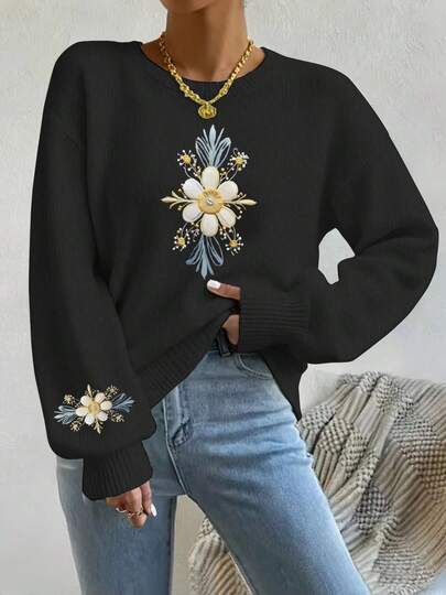 Hoodie For Women Sweater Specialty Store, Selling Only Sweaters" New Design "2D Print Embroidery-Like" Pattern Loungewear, Women's Round Neck Long Sleeve Fine Sweater, Slightly Stretchy Versatile Comfortable Soft Fabric2026- Spring, Y2k, Tops, Black Jumper, Maija