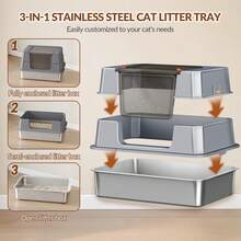 HaluPeit Stainless Steel Cat Litter Box With Lid, XXXL Enclosed Metal Cat Litter Box, 70 X 50 X 45 Cm, 105° Hinged Lid, Includes Pedal And Scoop, Easy To Clean, Modular Design, Dark Grey - 均碼 - 查看 3