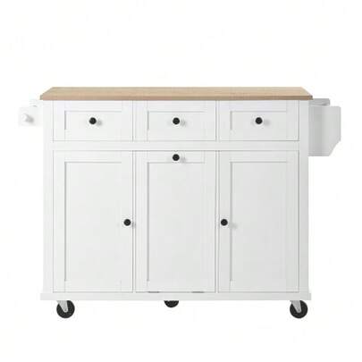 Kitchen Island With Wheels, Extendable Dining Area, Kitchen Island With Waste Bin And Drawers, Mobile Kitchen Island Ideal For Kitchen And Dining Room (White)
