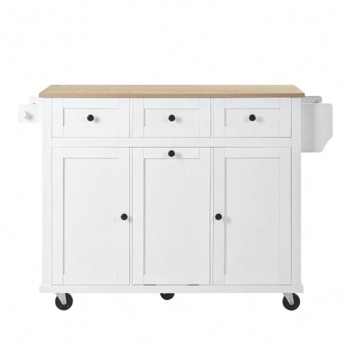 Kitchen Island With Wheels, Extendable Dining Area, Kitchen Island With Waste Bin And Drawers, Mobile Kitchen Island Ideal For Kitchen And Dining Room (White)