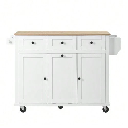 Kitchen Island With Wheels, Extendable Dining Area, Kitchen Island With Waste Bin And Drawers, Mobile Kitchen Island Ideal For Kitchen And Dining Room (White) - 白色 - 查看 1