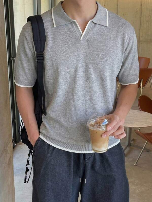 Camisa polo de punto de manga corta de unicolor y minimalista, camiseta casual y de moda para vacaciones, uso diario, oficina y viajes, estilo coreano chic, para verano