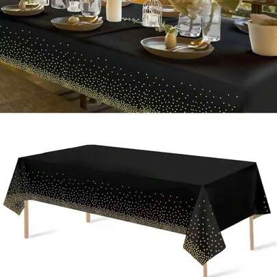 1 Pc Pack Black And Gold Party Tablecloths For Rectangle Tables, Disposable Party Table Cloths,Wedding Party,Gold Dot Confetti Table Covers For Birthdays, Anniversaries,Mother's Day, Father's Day, Graduation Layout, Birthday Layout, Bride To Be,Bride,Wedding,Hen Party,Marriage Proposals, Engagements, Graduation, Cocktail Parties, 54" X 108"