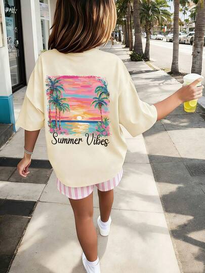 1pc Tween Girl Printed Short Sleeve T-Shirt, Student Youth Clothing, Summer Gift For Kids