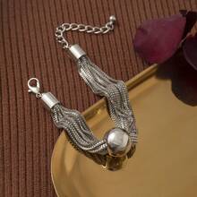 1pc Luxury Minimalist Snake Bone Chain Round Bead Bracelet, Women's Office Commute High-End Versatile Silver Hand Accessory - Silver - View 4