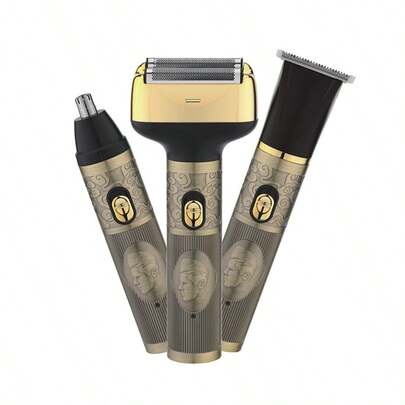 1个USB充电式三合一电动旋转剃须刀，复古理发器和鼻毛修剪器