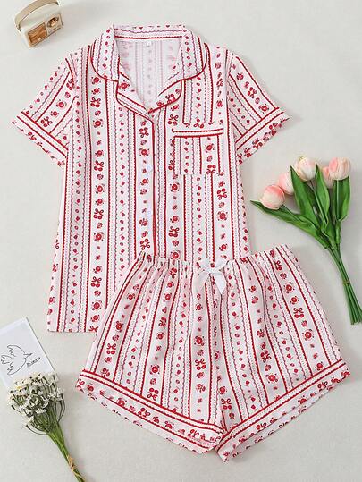 Striped & Floral Print Women Bubble Crinkle Short Sleeve Shorts Pajama Set