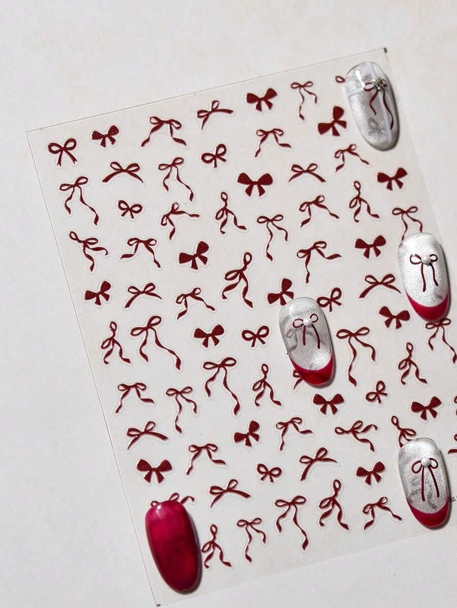 1 hoja de pegatinas de uñas 5D, decoraciones de arte de uñas autoadhesivas con lazos de color rosa, blanco y negro - Multicolor - Ver 1