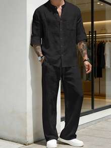 1 Set Men's Lightweight Loose Fit Basic Outfit, Light Blue Long Sleeve Button-Up Collared Shirt + Straight Leg Pants, Summer - Black - View 11