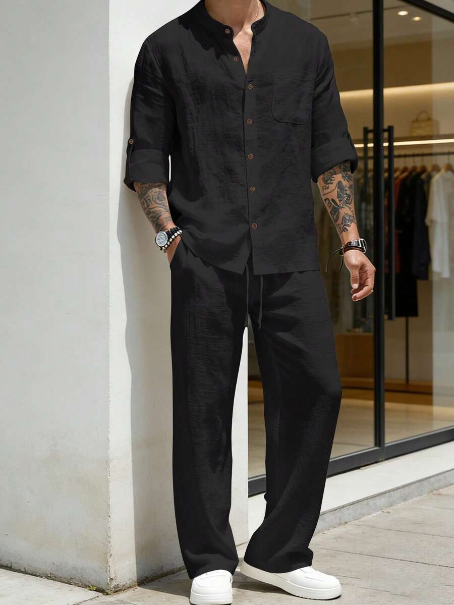 1 Set Men's Lightweight Loose Fit Summer Outfit: Light Blue Long Sleeve Button-Up Collared Shirt + Straight Leg Pants (Note: Linen Fabric May Wrinkle Easily And Have Slight Transparency, Please Consider Before Purchasing. Refer To Size Chart In Details) - Black - View 1