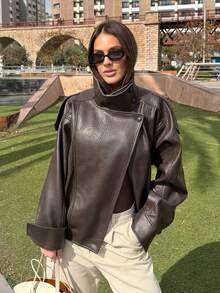 Áo khoác giả da thời trang nữ, tay dài có túi và khóa kéo, phong cách retro đường phố mới, thích hợp cho kỳ nghỉ. - màu nâu - Xem 4