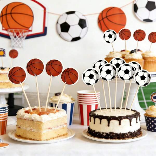 24pcs Football/Basketball Themed Cupcake Decoration Set, Cake Toppers, Flags, Suitable For Sports Theme Cakes, Ideal For Birthday Party