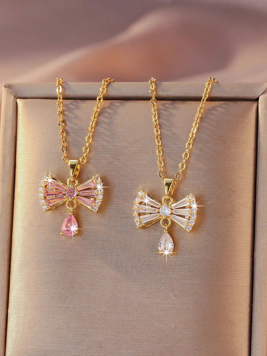 1 chiếc dây chuyền mặt hình bướm mạ vàng dành cho nữ - Dây chuyền mặt hình bướm thanh lịch với ngọc bích hồng và đá cubic zirconia trong suốt hình giọt nước, trang sức tối giản hàng ngày, quà tặng công sở, ngày Valentine, sinh nhật, kỷ niệm cho mẹ, bạn gái, vợ. - Nhiều màu - Xem 1