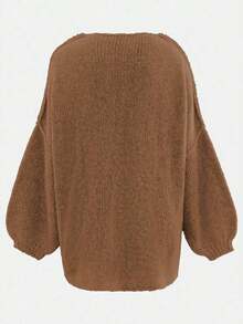 Women's Loose-Fit Plain Sweater, Casual Fall & Winter Knitwear, Lantern Sleeve Design, Moderate Fabric Thickness, Comfortable Daily Wear White - 棕色 - 查看 5
