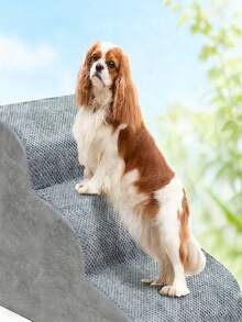 1pc Pet Stairs, Suitable For Dogs & Cats, Bedside Pet Staircase Ramp, Made Of Sponge Material, All-Season Use, Removable & Washable Pet Stairs, Grey - Light Grey - View 4