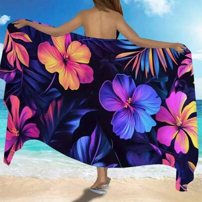 1 pieza Pañuelo de salón con estampado floral vibrante para mujer | Manta de playa de microfibra de gran tamaño, de secado rápido y absorbente, ideal para viajes, campamentos, vacaciones de verano