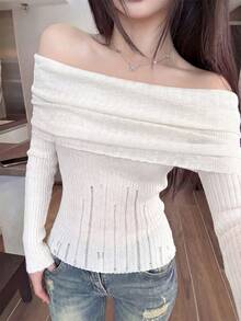 女士夏季露肩Y2K复古风长袖修身抓绒针织衫，优雅休闲甜美简约性感破东风纹理针织上衣，适合日常休闲、约会、周末聚会、返校季、街头时尚百搭上衣 - 杏色 - 查看 4