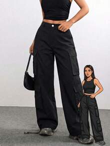 Christmas Gift High Waisted Cargo Pants For Women Baggy Y2k Straight Wide Leg Pants With Pockets Streetwear Party New Year Warm Thermal - 黑色 - 查看 11
