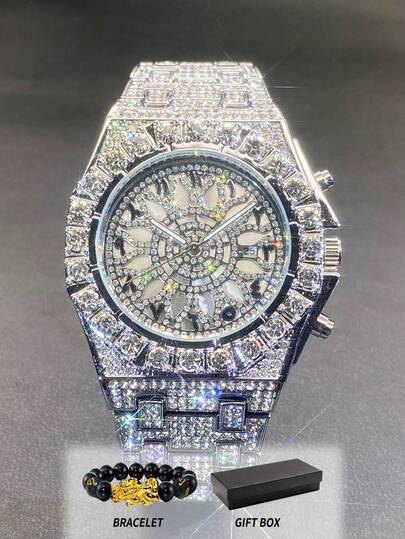 GUANQIN Luxury Full Diamond Men's Watch Set, Ice Crystal Hollow Double-Layer Watch Design, Enamel Stone Bracelet, Unique Dial, Luminous Pointer, Fashion Business Luxury Sports Classic Minimalist Mechanical Men's Automatic Mechanical Watch, Suitable For Easter, Halloween, Christmas, Father's Day, Back To School, Students, Birthday, Festivals, Valentine's Day, Dates, Business, Daily Wear, Gifts, Music Festivals, Wedding Season