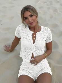 女士夏季度假套装，钩针网纱性感镂空沙滩短袖针织罩衫+短裤两件套 - 女士度假两件套，钩针罩衫夜店装，女士性感修身款白色 - 白色 - 查看 2