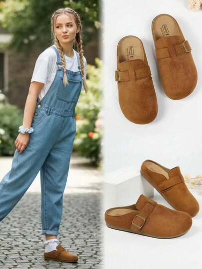 1 đôi dép hở mũi màu nâu dành cho nữ tuổi teen, chất liệu da lộn mềm mại, kiểu dáng cổ điển với mũi tròn, đế dày chống trơn, kiểu dép thời trang, phù hợp cho sinh hoạt hàng ngày, đi nghỉ mát, trong nhà và ngoài trời, hàng mới về.