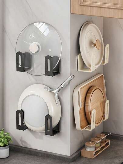 2 piezas Estante para tapa de olla de acero inoxidable, soporte de pared para tapa de olla, adecuado para almacenar tapas de ollas, tablas de cortar, sartenes y otros suministros de cocina, accesorios de almacenamiento y organización de cocina