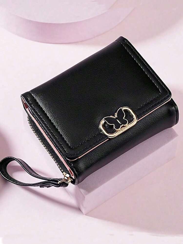 Women Short Zipper Tri-Fold Wallet With Butterfly Metal Decor Fashion New Multi-Card Slot Handheld Coin Purse Wallet Purse Wallet Mini Wallet Small Wallet - 黑色 - 查看 9