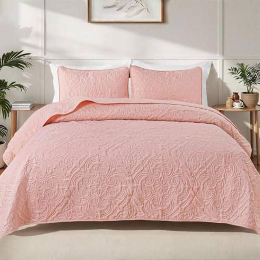 Quilts Queen Size Bedding Set with 2 Pillow Shams Lightweight Blush Pink Full Queen Quilt Bedspread with Vintage Damask Pattern Soft Bedspreads Coverlets for All Seasons - Rosa rubor - Ver 1