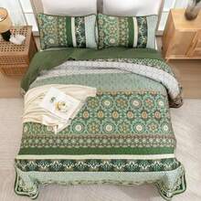 King Size Quilt Olive Green Spring Summer Bedspread Bedding Set 3 Pieces Bohemia Coverlet with 2 Pillow Shams for All Season 110x90 Inch - Verde Oliva - Ver 7