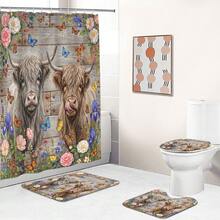 1pc/4pcs Highland Cow & Floral Retro Animal Pattern Multifunctional Bathroom Decor Shower Curtain Set, Free 12 Hooks Included, Elegant Holiday Atmosphere, Bathroom Mat, U-Shaped Toilet Mat And Round Toilet Mat, Suitable For All Scenarios Bathroom Set - Highland Cattle 2 - View 4
