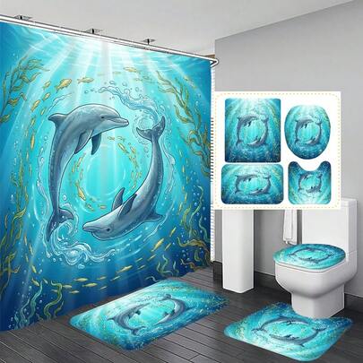 Bộ rèm tắm/rèm trang trí phòng tắm đa năng họa tiết cá heo nô đùa (1/4 chiếc), kèm 12 móc treo miễn phí, tạo không gian nghỉ dưỡng trang nhã. Bộ sản phẩm bao gồm thảm phòng tắm, thảm chữ U và thảm tròn cho bồn cầu, phù hợp với mọi không gian.