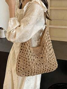 Women's Handmade Woven Grandma Plaid Contrast Color Large Capacity Tote Bag, Beach Bag, Perfect For Summer, Vacation And Daily Use, Travel Essential, Women's Summer Straw Beach Bag, Most Popular Women's Beach Bag, Beach Essentials, Beach Must-Haves, Beach Accessories And Summer Essentials, Latest Holiday Bag , Summer, Woven Bag - Khaki - View 1