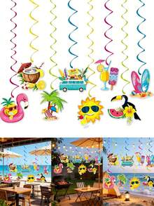 16pcs/1set Hawaiian Luau Birthday Party Hanging Swirl Decor,Summer Beach Party Hanging Decor,Hawaiian Party Decor,Tropical Palm Flamingo Hanging Swirls Streamers Beach Theme Decorations For Summer Birthday Wedding Hawaii Theme Party Supply. - A - View 8