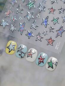 1片5D星星美甲贴纸，白色、粉色、蓝色、激光银、金色星星美甲贴纸，不对称星星美甲贴纸，自粘美甲用品及装饰品，女士适用 - 彩色 - 查看 6