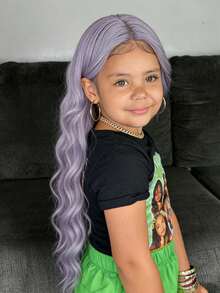 Kids Purple Long Roll Synthetic U-Part Lace Wig Mid-Split Bangs Large Wave Curly Hair Long Wig - Multicolor - View 5