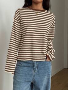 Women's Casual Top, Striped Contrast Ribbed Knit, Everyday Wear, Spring/Autumn - Apricot Brown - View 9