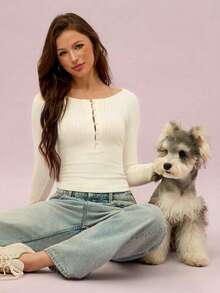 Leadlive 女士性感露肩仿珍珠纽扣前襟罗纹针织长袖上衣，优雅杏色针织面料，常规长度，修身版型，女士休闲衬衫，女士春季T恤 - 杏色 - 查看 7