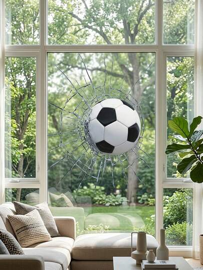 1片装 - 3D足球碎玻璃窗贴 - 可移除运动主题即撕即贴墙贴 | 逼真的碎玻璃足球艺术装饰，适用于健身房、卧室、咖啡厅、家庭办公室 | 装饰性乙烯基贴纸，适用于玻璃墙、窗户、镜子，足球迷装饰