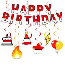 19件套红白生日派对横幅悬挂漩涡装饰套装，红白生日快乐主题生日派对装饰，生日蛋糕，帽子，闪电图案活动和场景装饰用品 - 紅白裝飾套裝 - 查看 3