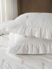 2/3件套优雅玫瑰刺绣床上用品套装，带荷叶边，包含被套和枕套（个），不含填充物（1个被套和1/2个枕套） - 白色 - 查看 6