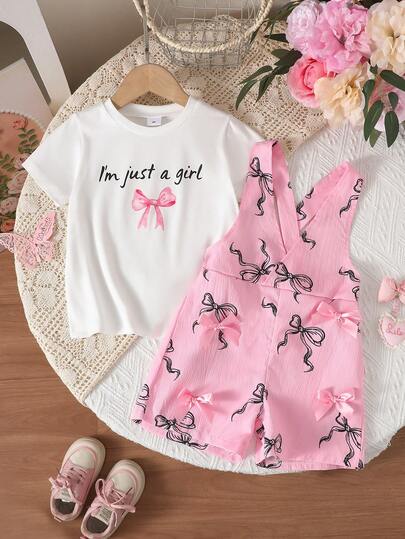 Bộ 2 món dành cho bé gái, kiểu dáng thường ngày, in chữ "I'm Just A Girl" và hình nơ, gồm áo thun ngắn tay và quần đùi yếm, thích hợp mặc ngoài trời, mùa xuân/hè.
