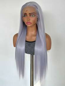 Tóc giả dài thẳng màu xám khói dành cho nữ, chất liệu tổng hợp, kiểu ren phía trước, đường chân tóc tự nhiên 13*4, tóc giả màu xám bạc phù hợp cho sử dụng hàng ngày, dự tiệc và cosplay. - Bụi tím - Xem 6