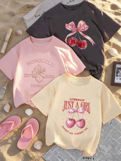 3pcs/Set Tween Girls' Printed Short Sleeve T-Shirts, Suitable For Tween GirlsSummer Tops, Young Student Clothing