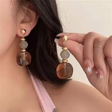 1 Đôi bông tai nữ thời trang dáng dài, kiểu dáng Hồng Kông cổ điển, mặt dây chuyền hình học đính hạt nhựa, thích hợp làm quà tặng hàng ngày, dự tiệc hoặc quà tặng ngày lễ. - hình học - Xem 5